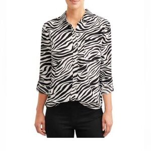 Time And Tru Womens Blouse Black White Zebra Print Long Sleeve Pocket